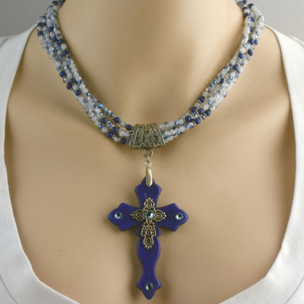 Faceted Glass and Blue Cross Necklace Set
